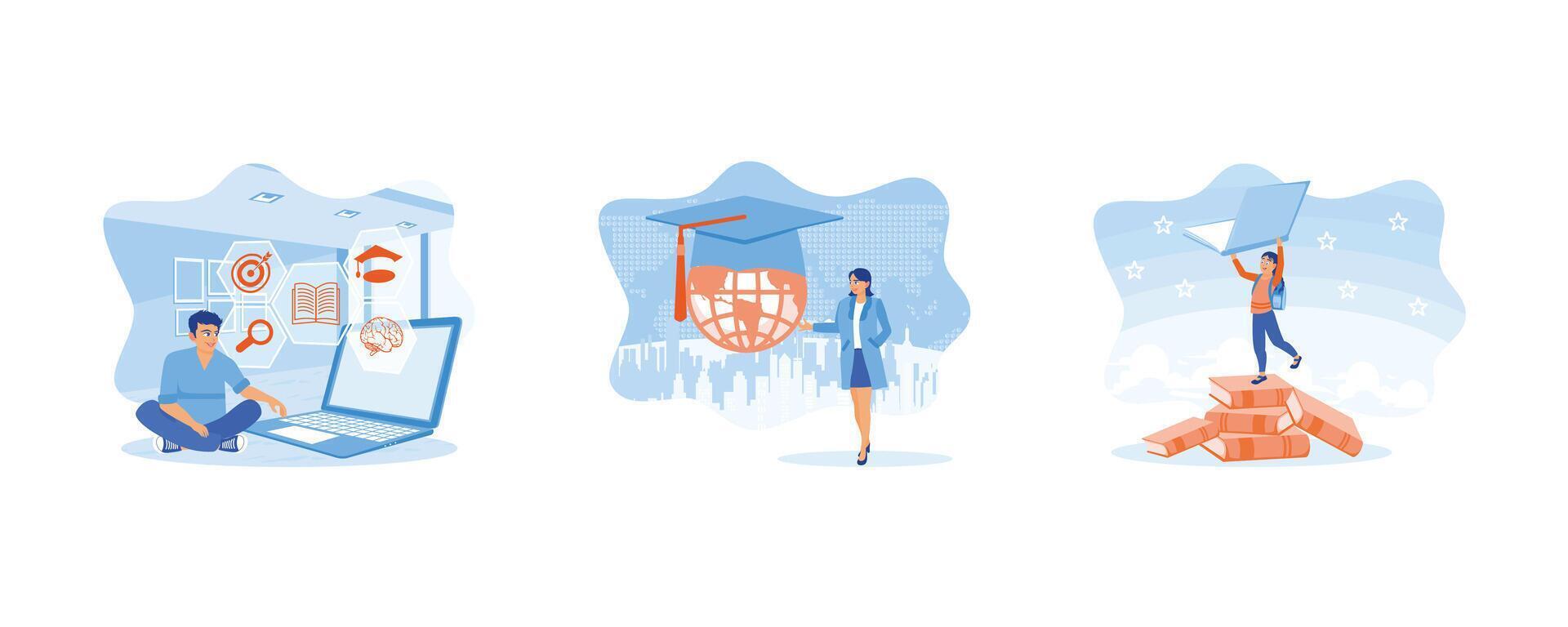 Man using a laptop to take online lessons from home. Education in a Global World. Cheerful girl standing on a pile of books. set flat vector illustration.