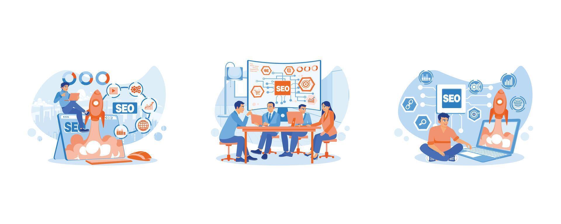 Company leaders and the marketing team are meeting in a conference room. Startups and digital marketing. SEO rocket hologram flying from the laptop screen. set Flat vector illustration.