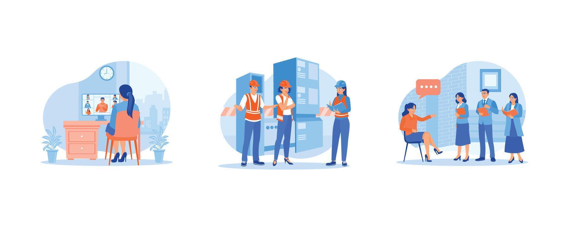 Briefing concept. Video calls with colleagues. Briefing at a heavy industrial manufacturing site. Listen to and take notes from company leaders. set flat vector modern illustration