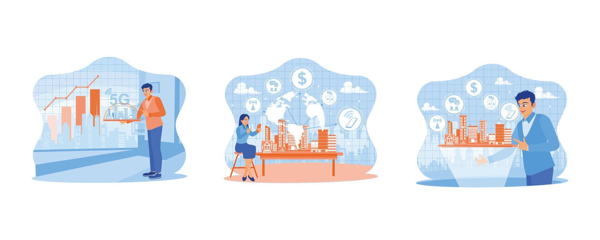 Telecommunication and internet in smart city concept. Man holding a miniature smart city. Woman sitting next to a small smart city. Businessman standing against a backdrop of sketchy urban buildings. vector