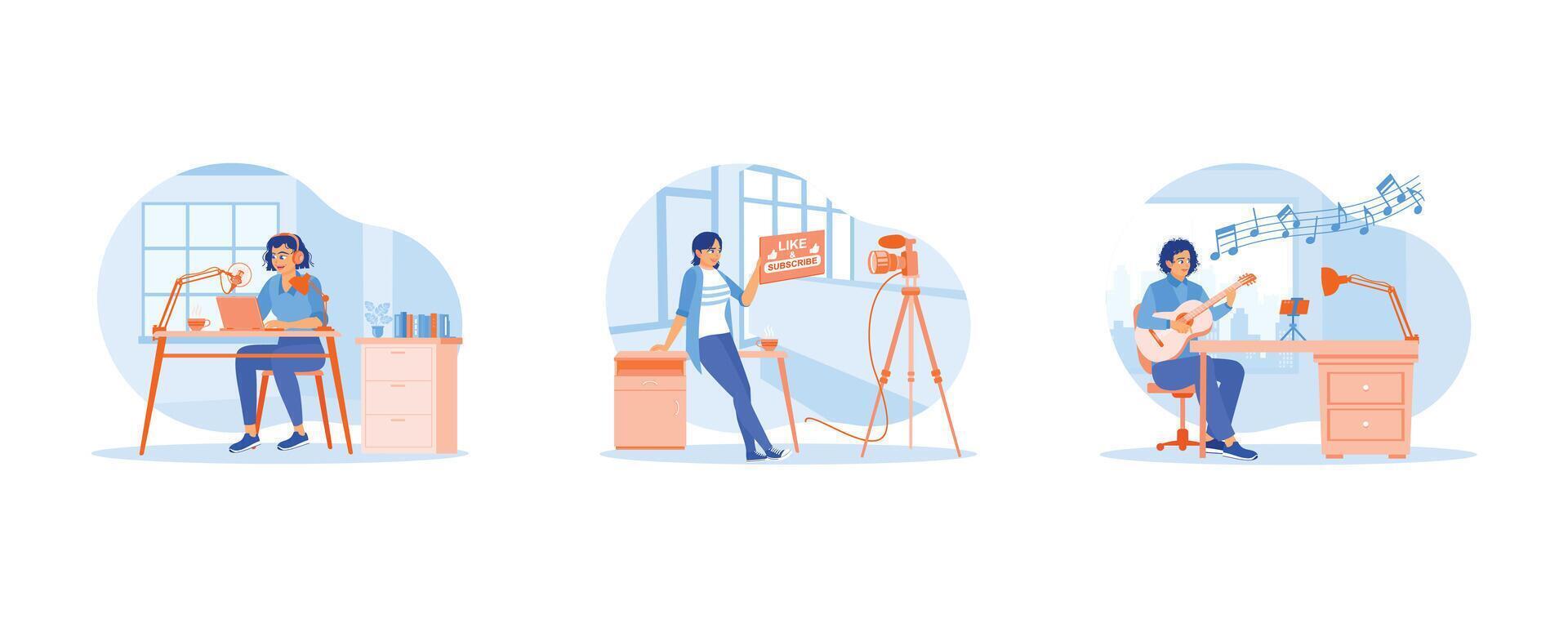Content Creator concept. Female content creator hosting a podcast in the studio. Attract viewers to like and subscribe to the channel. They are editing film footage with a computer. vector
