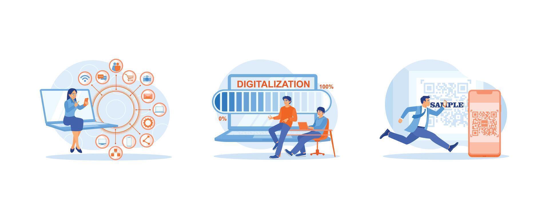 Digital Business concept. Businesswoman working in the office. Digital world concept with the word digitalization. Scan QR code is used for online payment. Flat vector illustration.