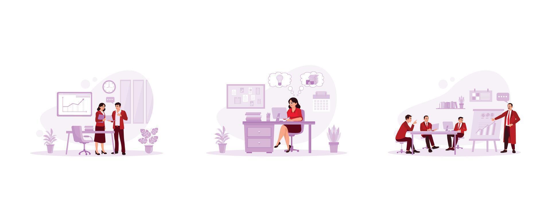 Office concept. Diverse business people working in office. A happy businessman finds a successful financial idea. Businessman making project presentation on the flip chart. vector