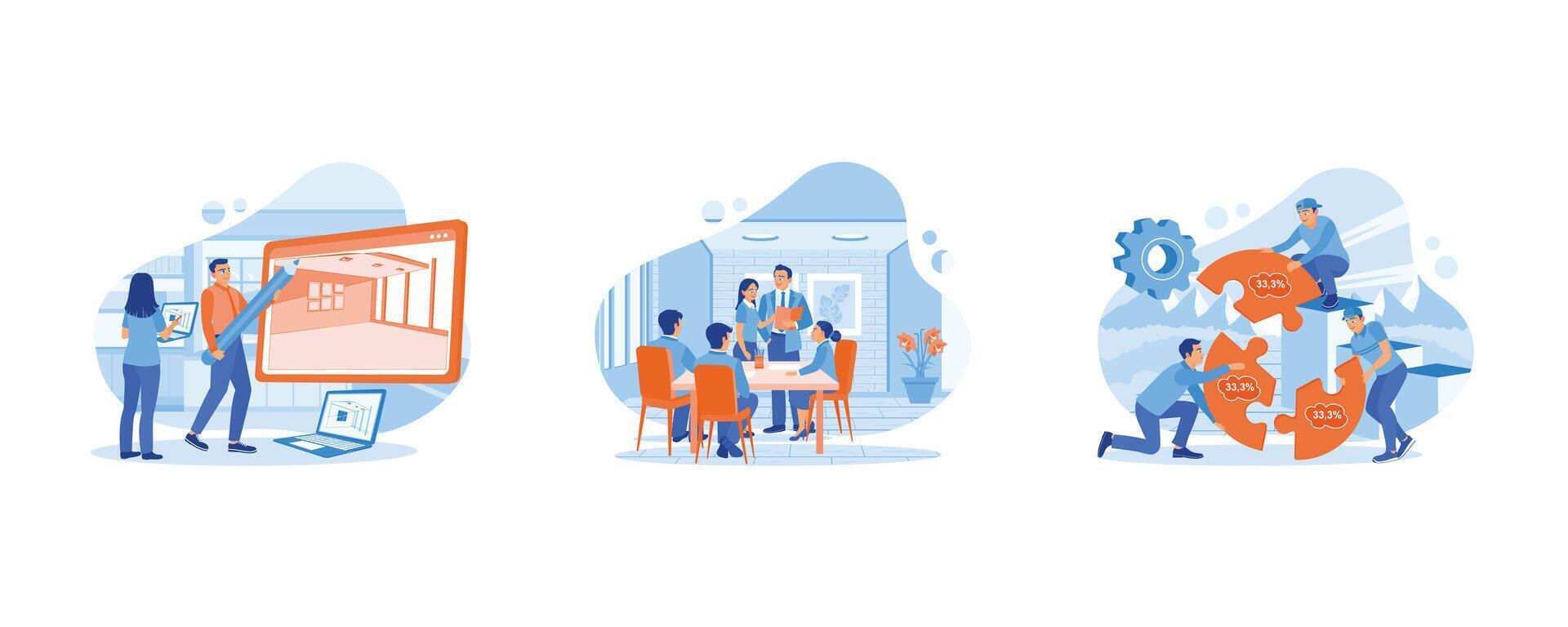 Employee Making concept. Two employees created the interior design. Coworkers have a meeting. Teamwork and work motivation. set flat vector modern illustration