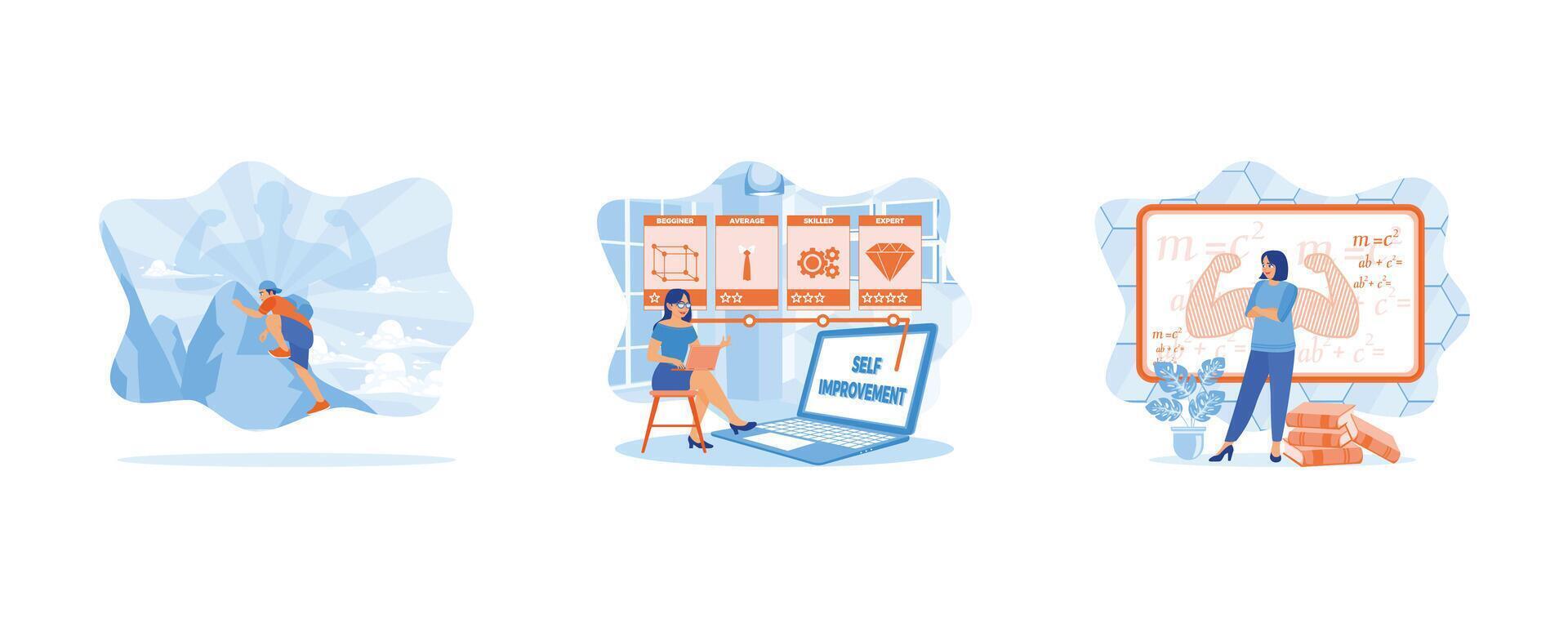 A powerful man climbs a mountain. Feeling strong. Young woman doing self improvement test online. Intelligent woman standing in front of a blackboard. set flat vector illustration.
