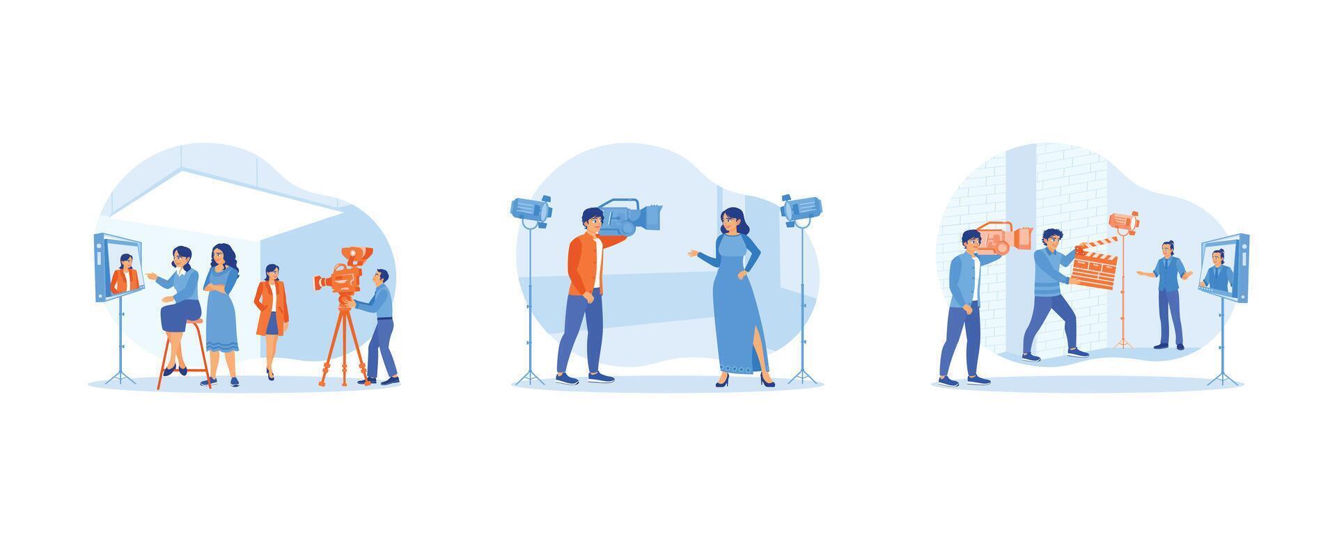 Film Production concept. A professional film crew team shoots in the studio. The cameraman filmed the actress' scene. The film crew team is working on filming. Flat vector illustration.