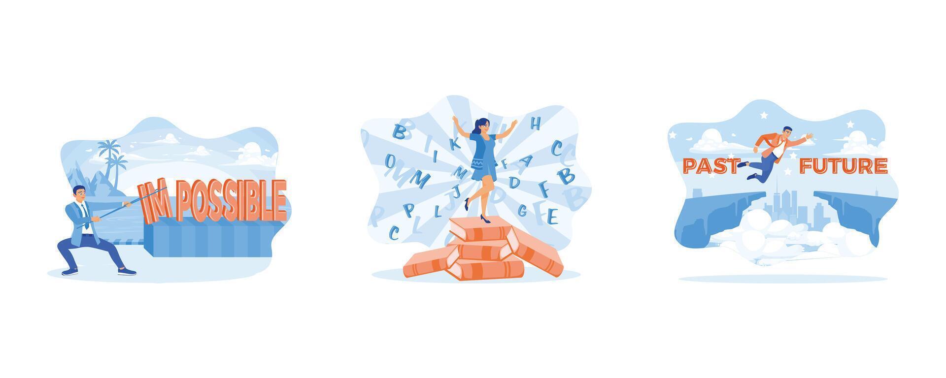 Self improvement concept. A cheerful girl in a blue dress is standing on a pile of books. A grown man jumps from the cliff of the past into the future. set flat vector illustration.
