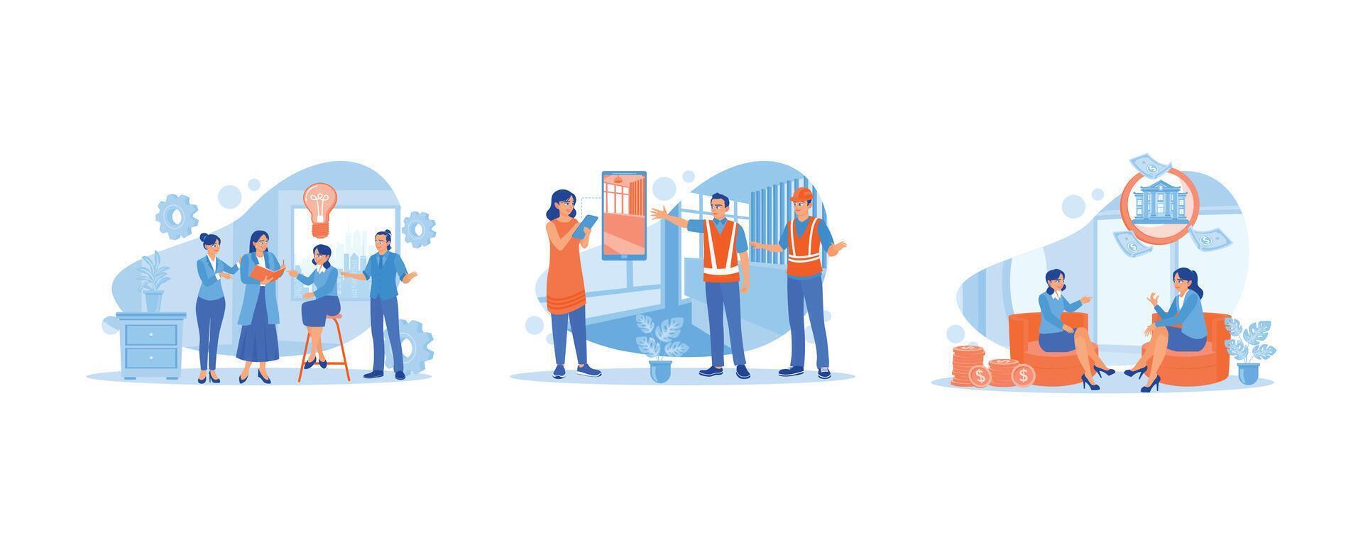 Discuss Information concept. Business team meeting in the meeting room. Engineers and architects renovate the interior of the house. Discuss solving problems in the office. vector