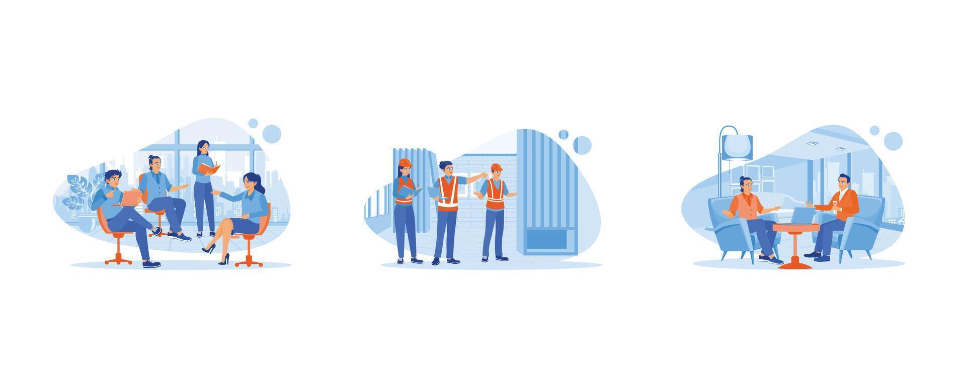 Discuss Information concept. Businessman team collaborative process. Engineer and architect work discussion plans. Bankers make recommendations and consult. set flat vector modern illustration