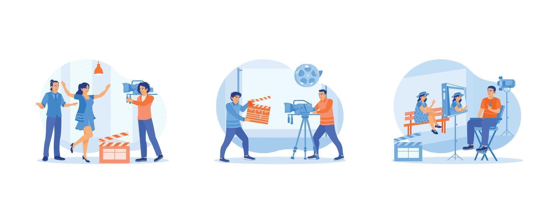 Film Production concept. The process of shooting a film indoors. Behind the scenes of filming in the studio. The film director sits in front of the monitor screen. Flat vector illustration.
