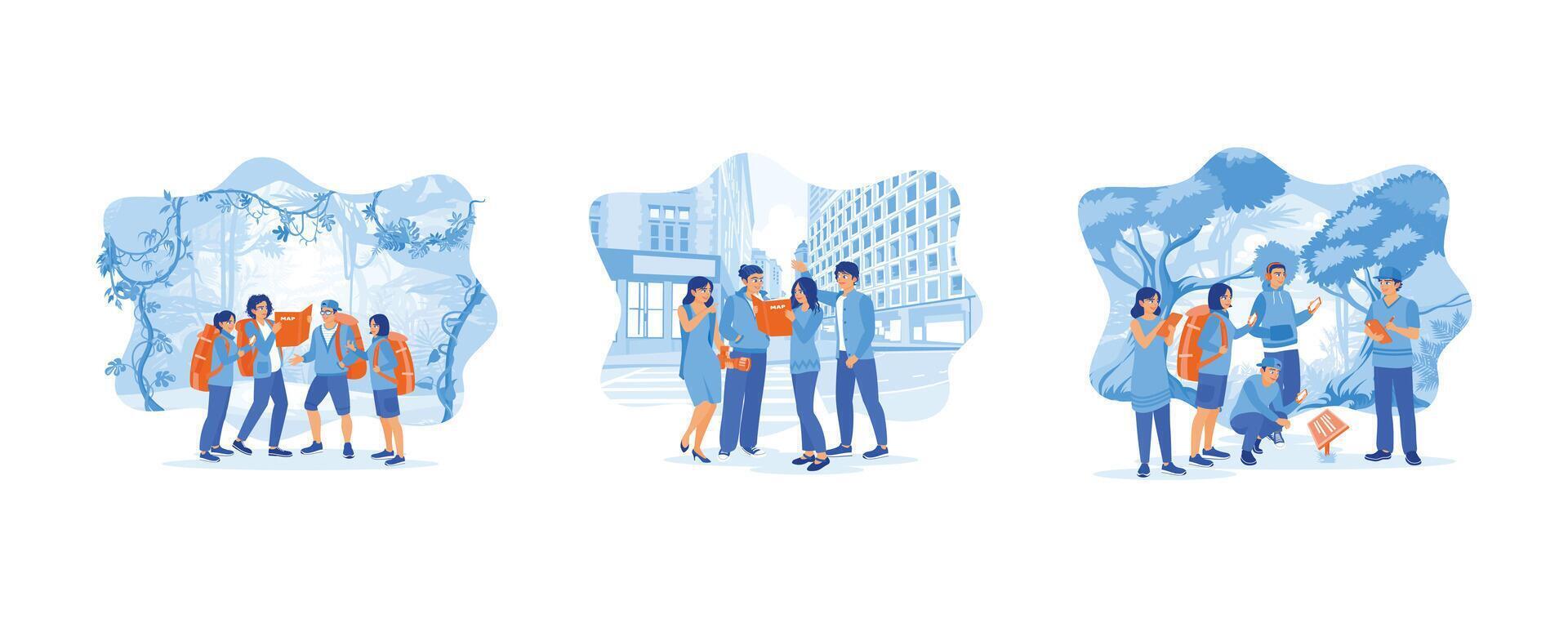 Tourist Guide concept. Four young tourists with backpacks on their backs. A group of friends exploring the city. Young tourist trekking in the jungle. set flat vector modern illustration