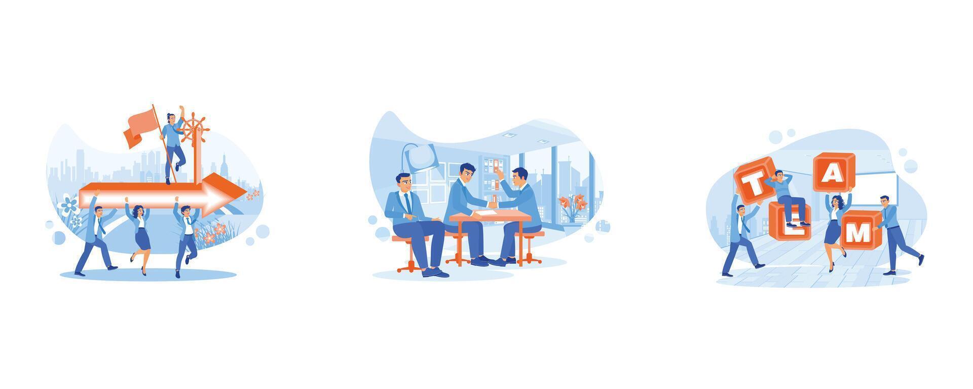 Employee Making concept. Businessman leads team to success. Shake hands after reaching a mutual agreement. Arrange the word blocks to form the word TEAM. set flat vector modern illustration