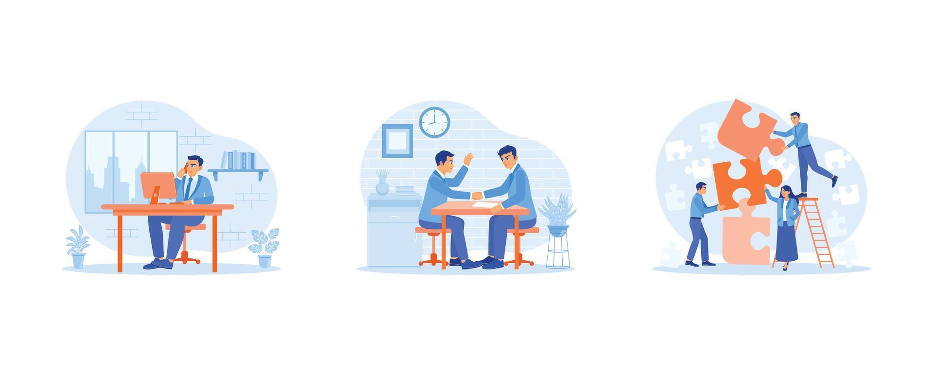 Employee Making concept. A businessman is making a call with a client and congratulating new partners. Discuss and create new business work projects. set flat vector modern illustration