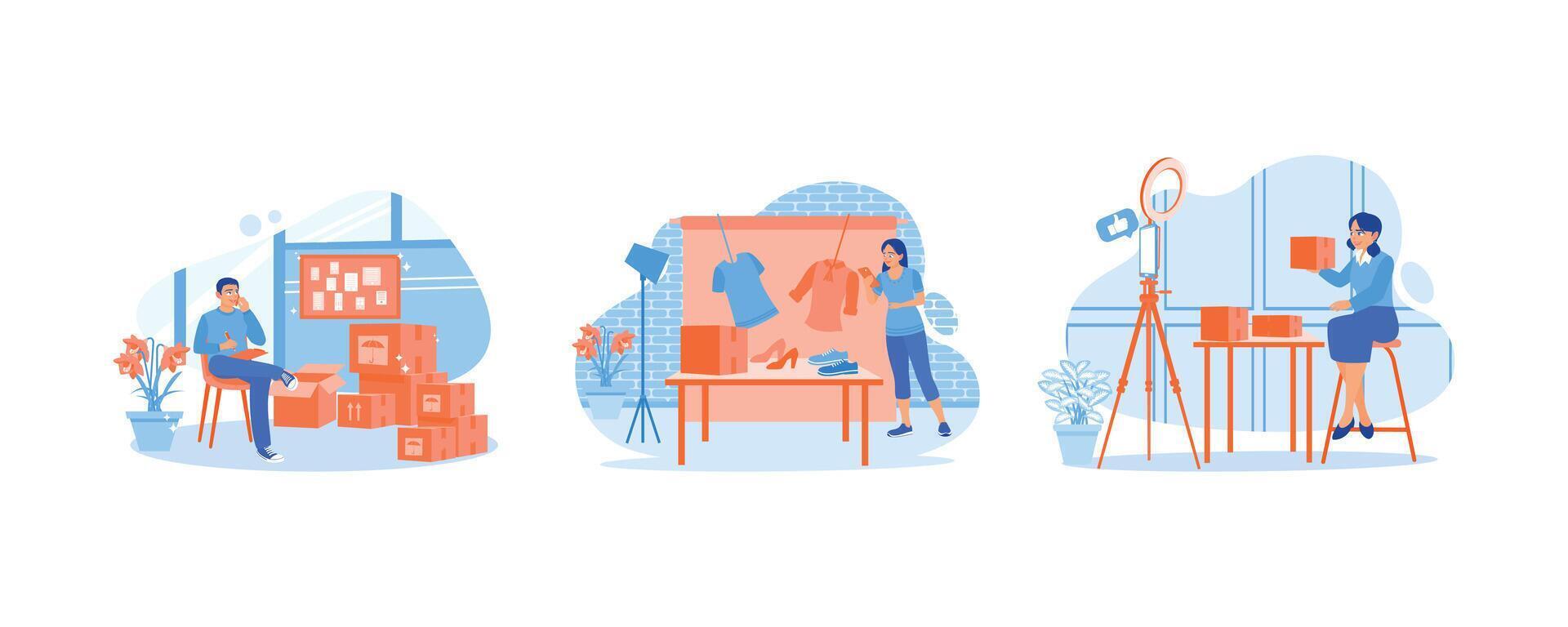 Online business owner. I was checking the goods sent. Confirm customer address. Woman receiving package. Order Confirmation concept. Set Flat vector illustration.