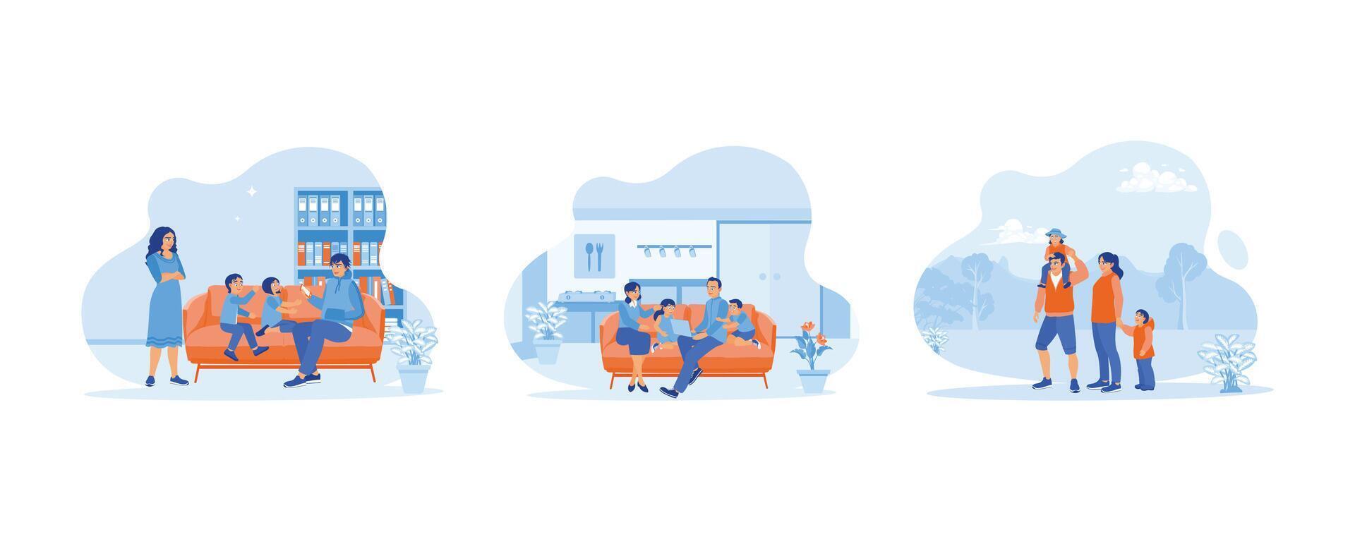 A couple of happy, funny parents concepts. Dad takes photos of his children. Family sitting together on the sofa. Enjoy a weekend getaway together. set flat vector modern illustration