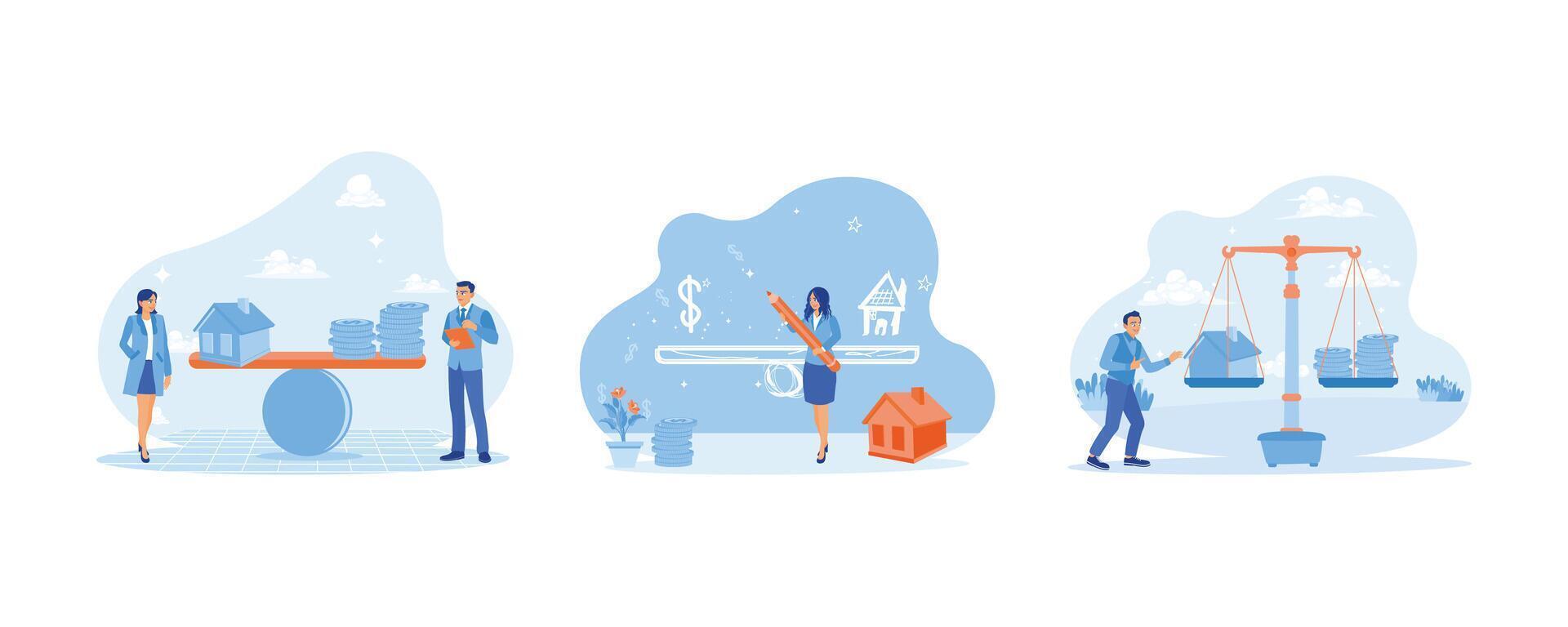 House Model Balance Equilibrium Concept. The balance between house model and construction costs. Money icon and house scale on board. Protects home asset markets and money balances. vector