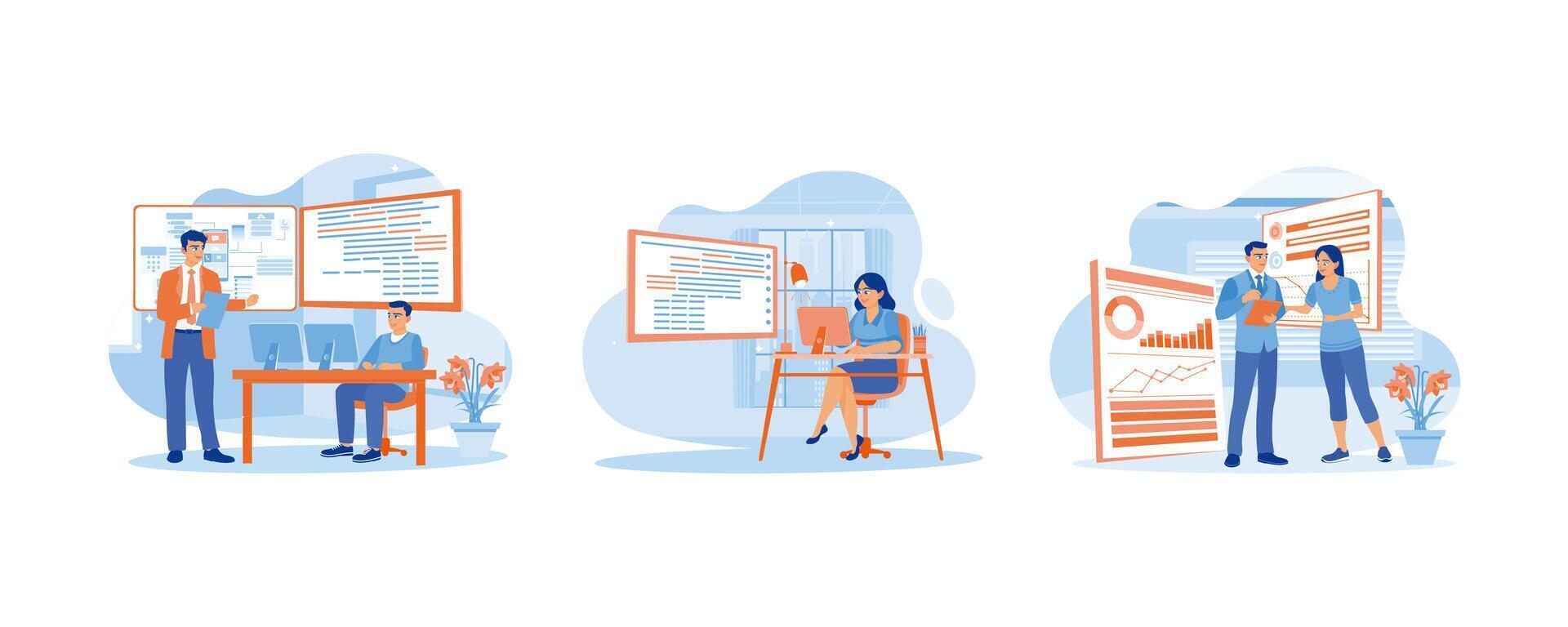 Software developer concept. Electronics development engineer showing the new project. Write code to develop software. set flat vector modern illustration