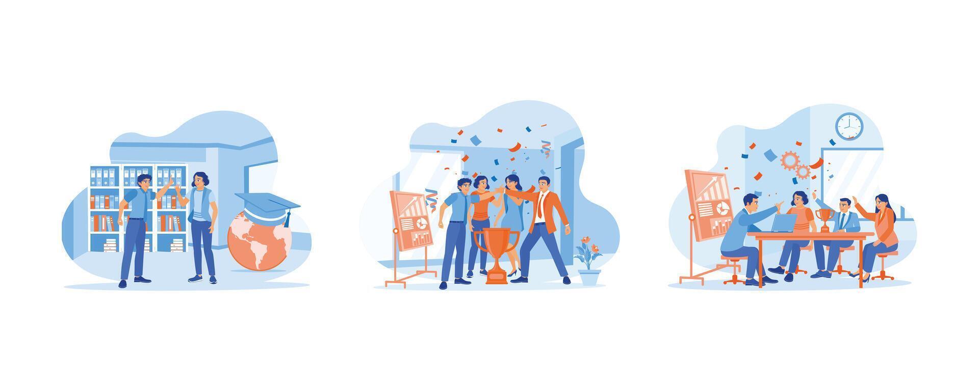 Success and happiness teamwork concept. Good collaboration results. Business team throwing confetti. Celebrating success due to good teamwork. set flat vector modern illustration