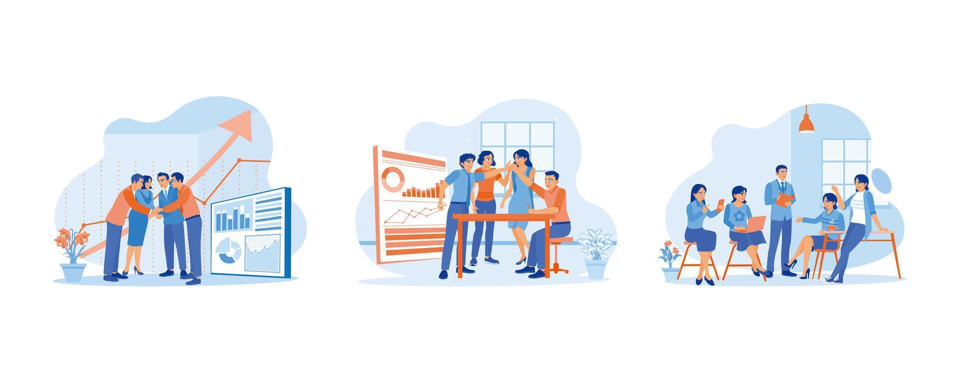 Business team standing in the office and holding each other's hands. High-five each other and encourage each other. Business team discussing and exchanging ideas for new projects. vector