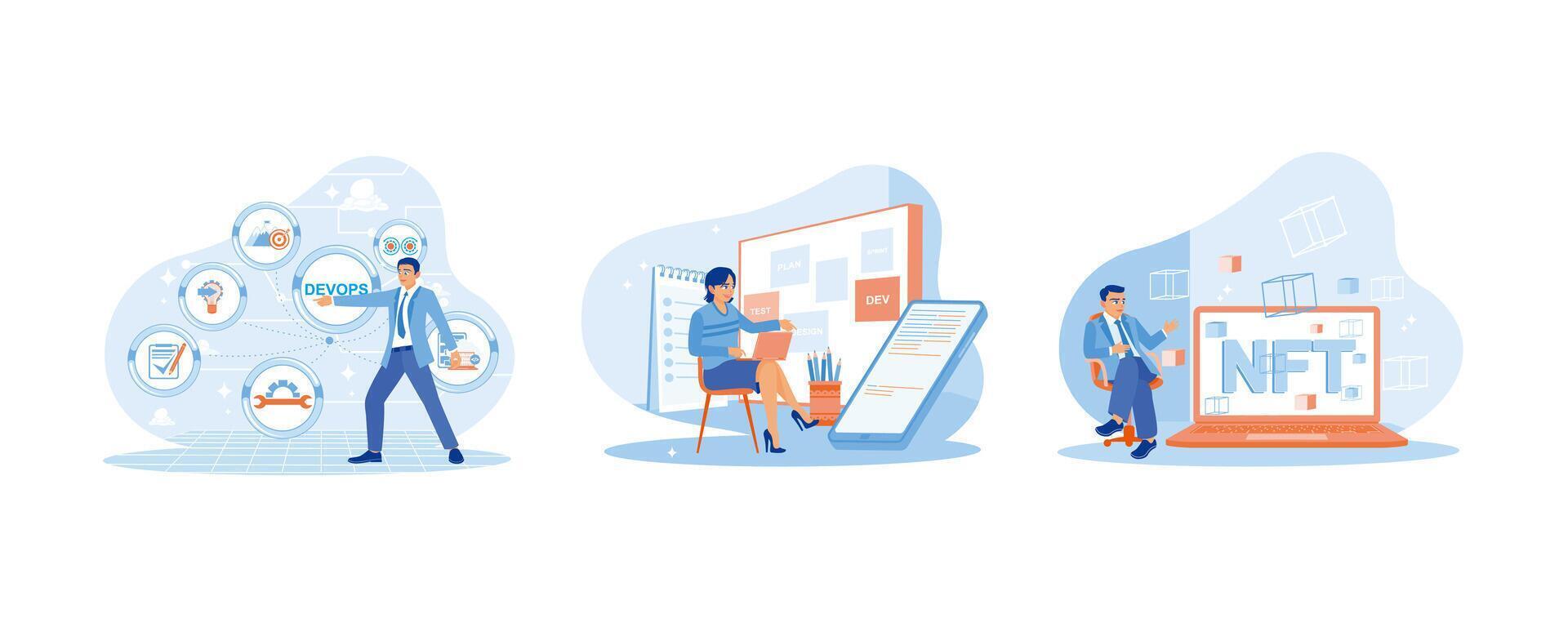 APP devs concept. I am touching the DEVOPS button on the virtual screen. Female IT developer sitting in a chair at work. Businessman showing NFT hologram. set flat vector modern illustration