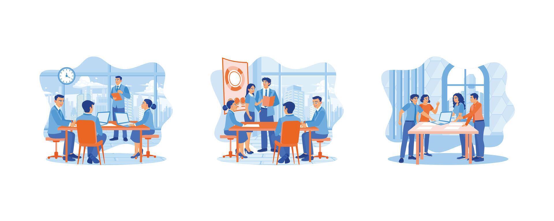 Business people in office workplace. CEO and business team holding presentation in the meeting room. Diverse coworkers discuss and plan work projects in the office. set flat vector illustration.