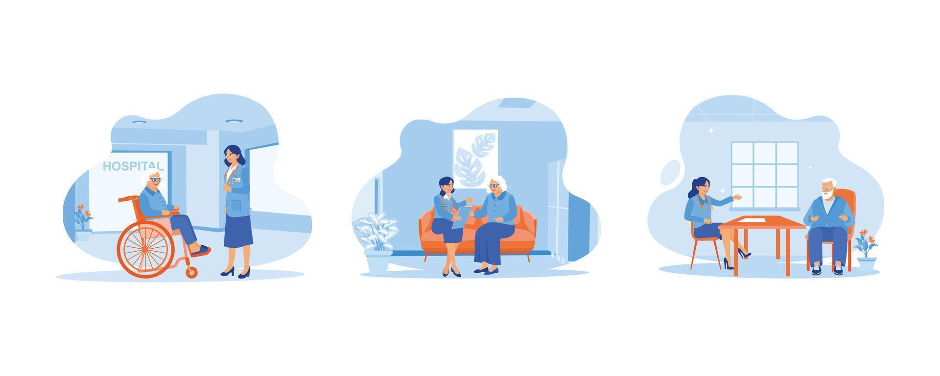 Elderly patient concept. The doctor is caring for an elderly patient in a wheelchair. The doctor shows the results of the examination to the patient. Senior man consulting doctor. vector