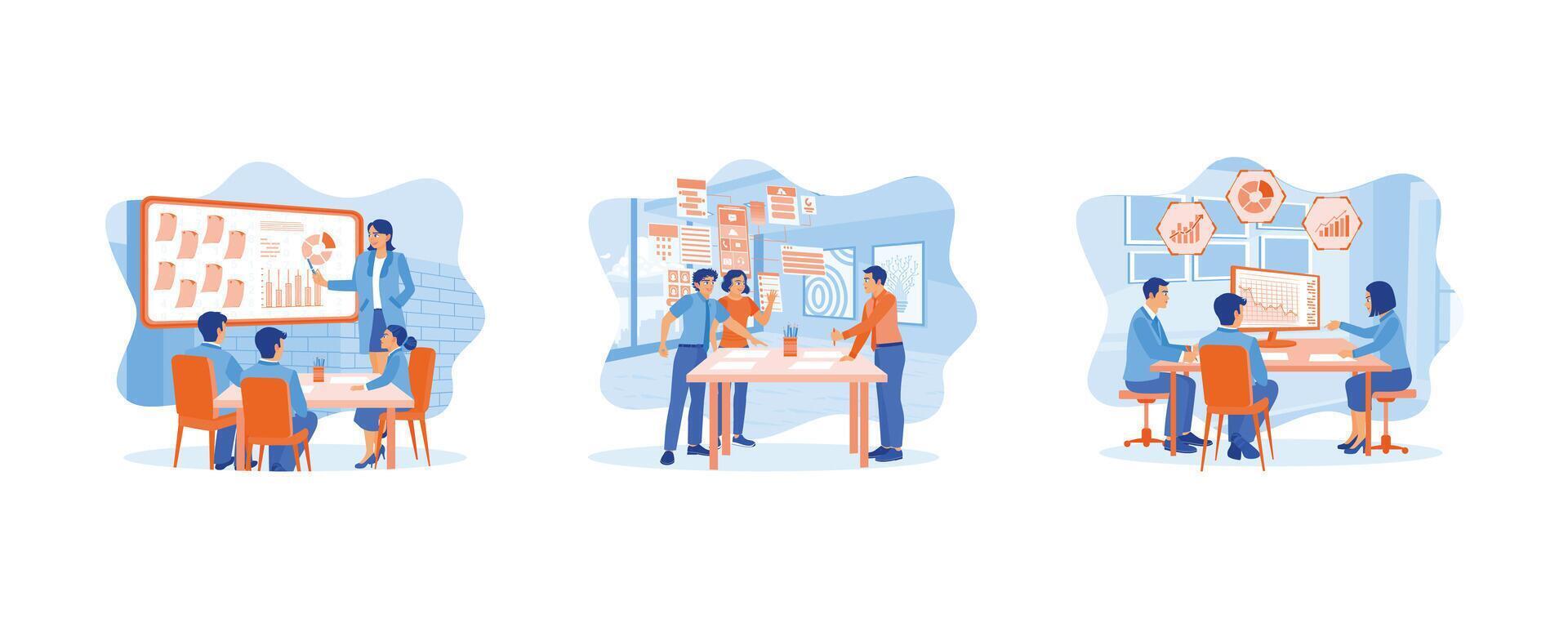 Female manager leading meeting in office. Developing mobile application software in modern office. A group of business people analyze data using computers .set flat illustration. vector