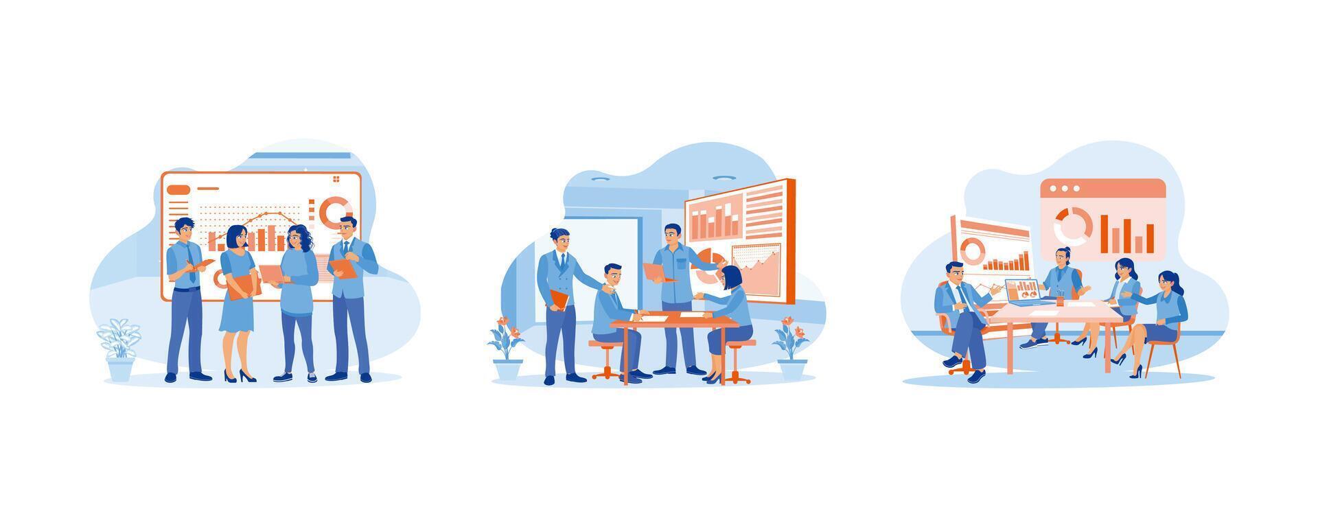 empresarios y compañeros de trabajo teniendo reuniones en el oficina. discutir gráficos, diagramas y estadístico datos en oficina finanzas. comunicar con cada otro, discutir y intercambiar ideas durante reuniones vector