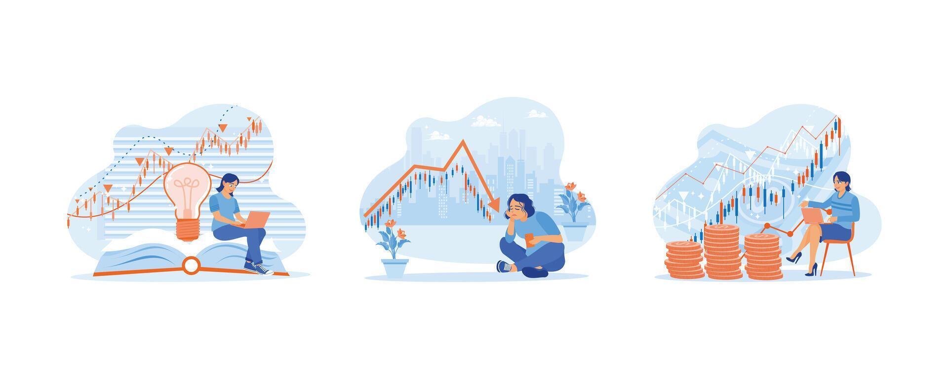 Study the stock market and candlestick charts. She stressed looking at cell phones because of the declining stock exchange market graph. Study business strategy management. Flat vector illustration.