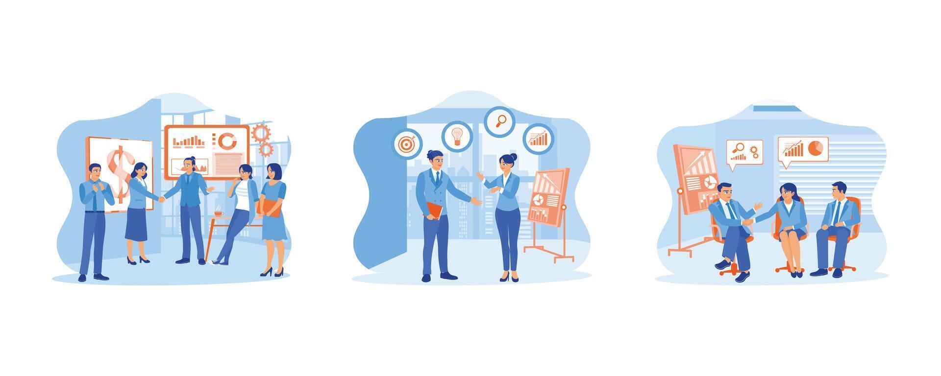 New employees concept. Meet and negotiate during meetings. Discuss the work process on a new project. Discuss together during meetings. set flat vector modern illustration