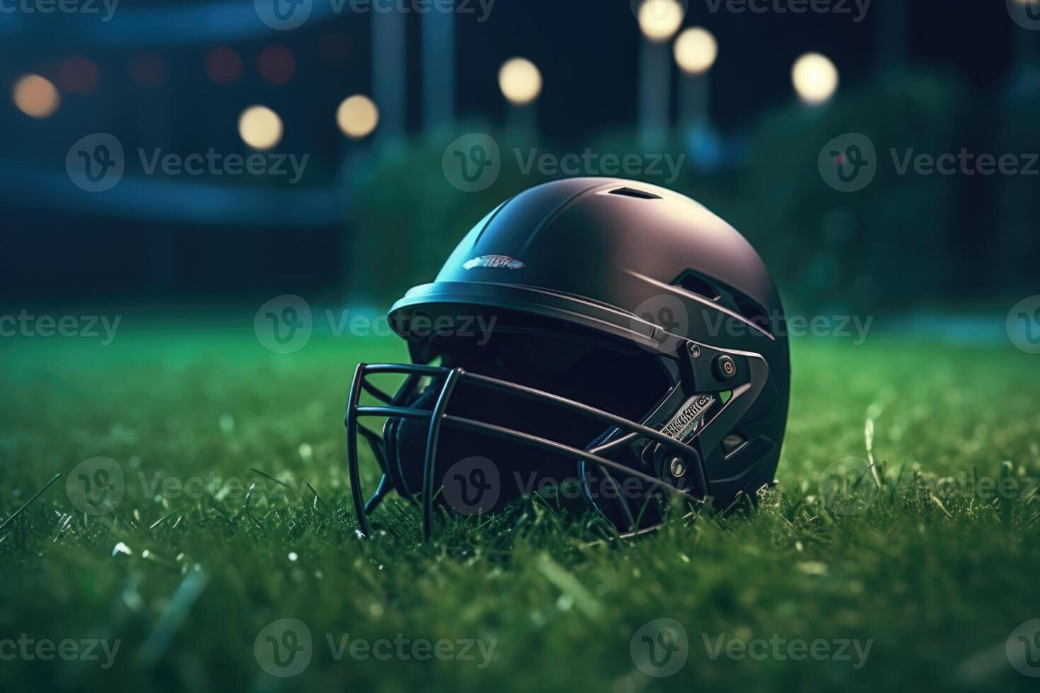 AI generated Cricket fans helmet on green grass with focused lights. photo