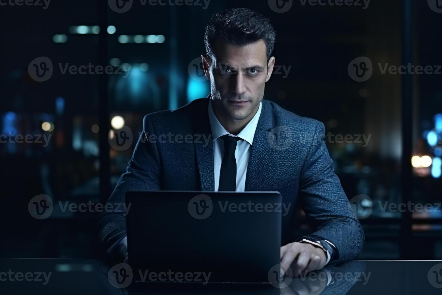 AI generated Late night male businessman works on laptop with smile photo