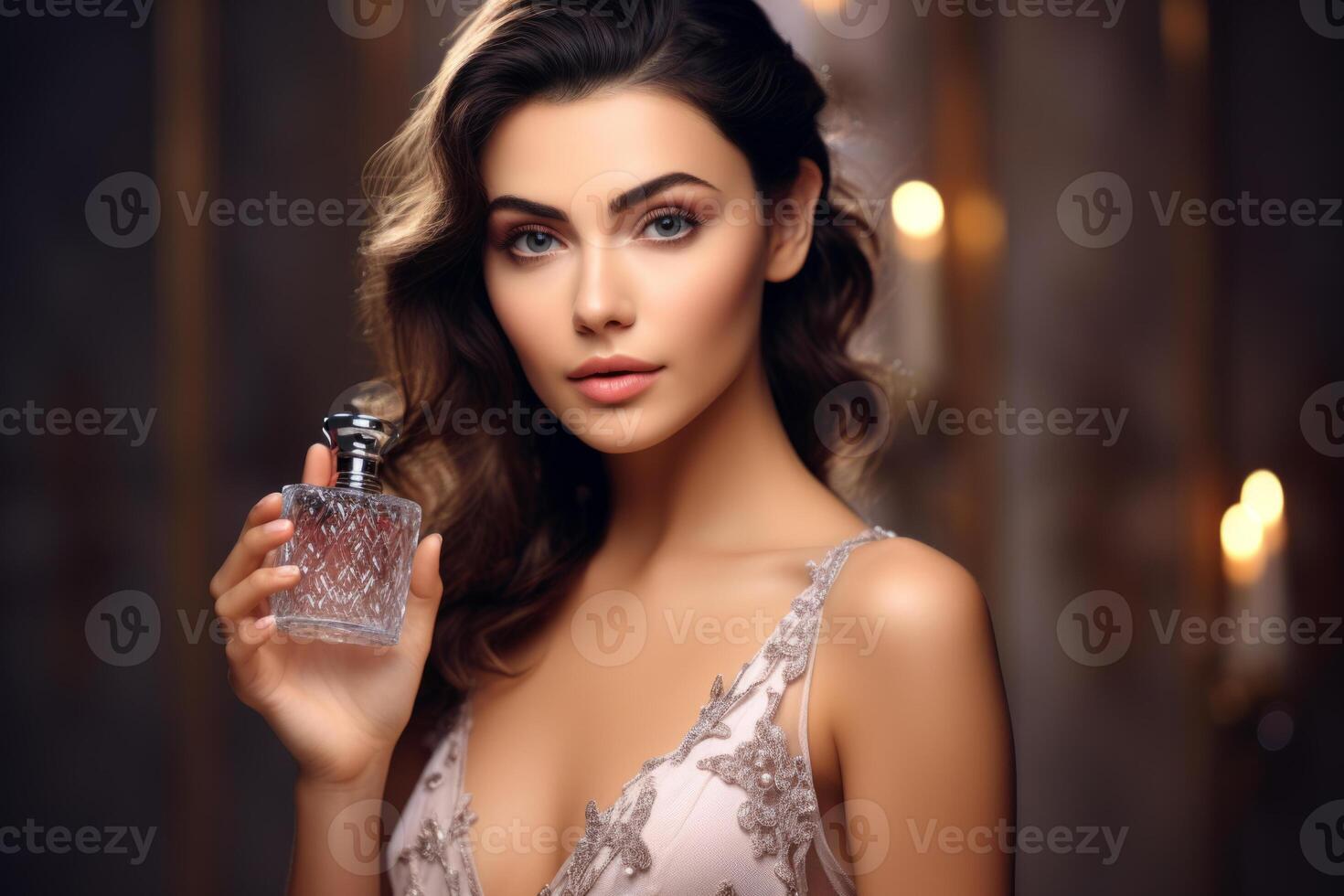 AI generated Woman showcasing and using perfume. photo