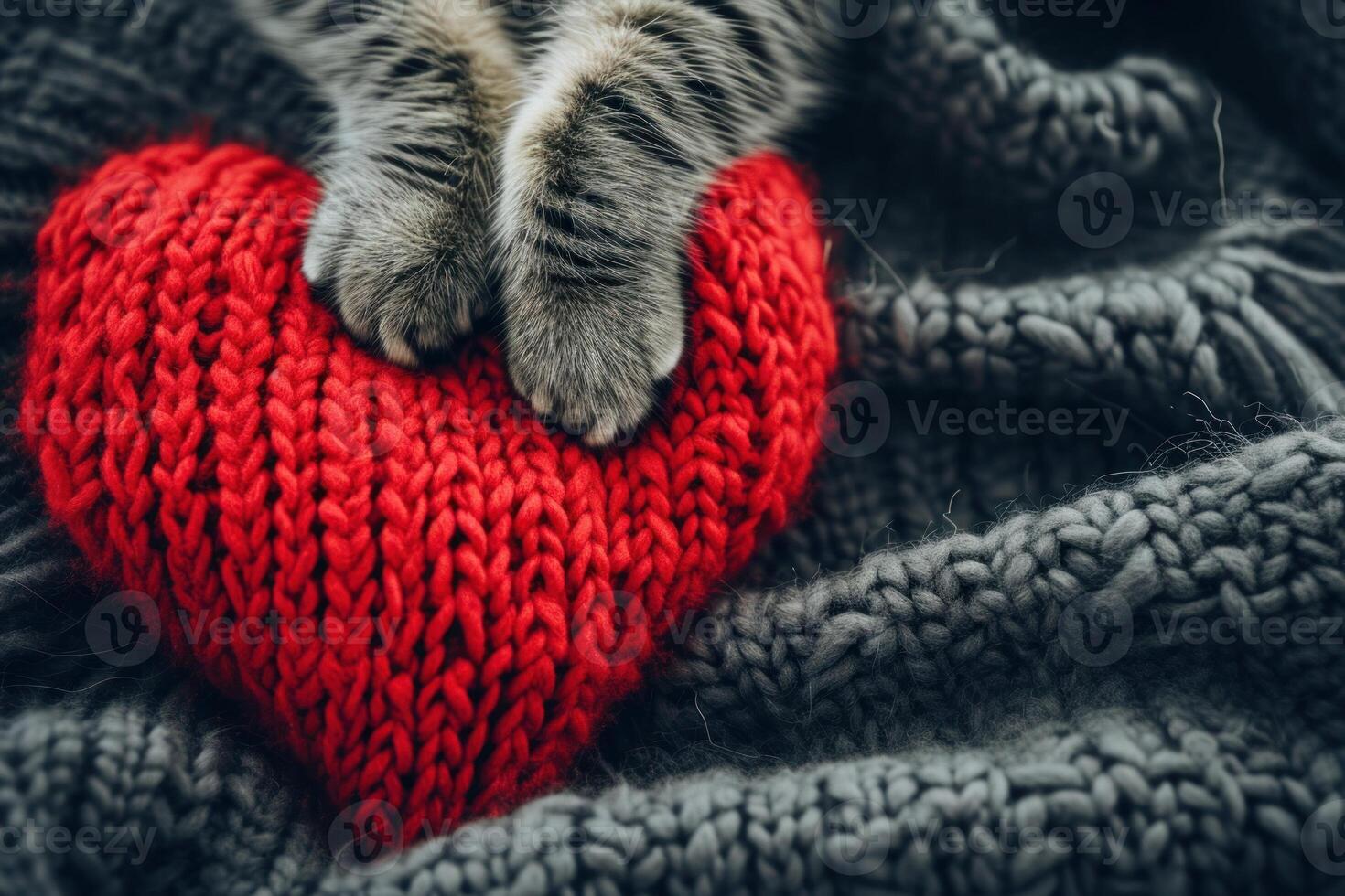 AI generated Valentine's Day cat with red knitted heart on postcard photo