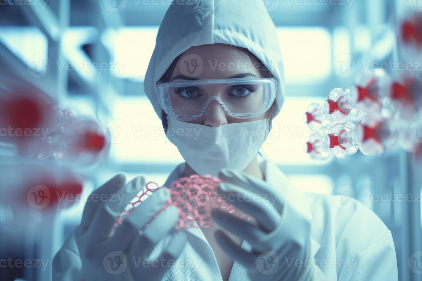 AI generated Female scientist holding red pill in lab. photo