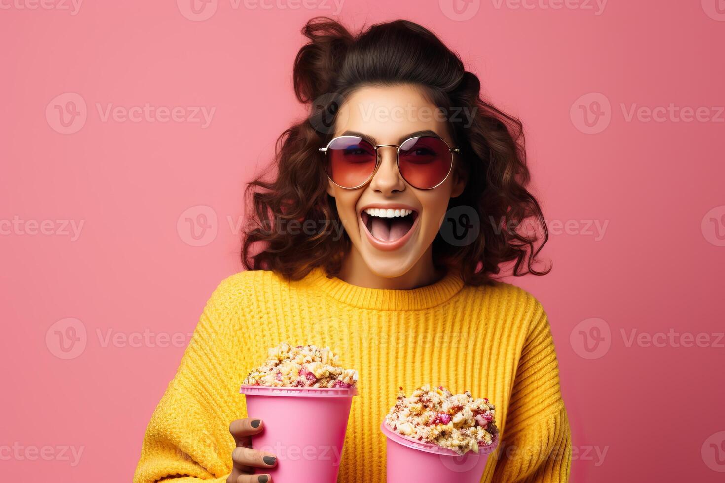 AI generated Millennial lady with brunette hair celebrates with popcorn and soda. photo