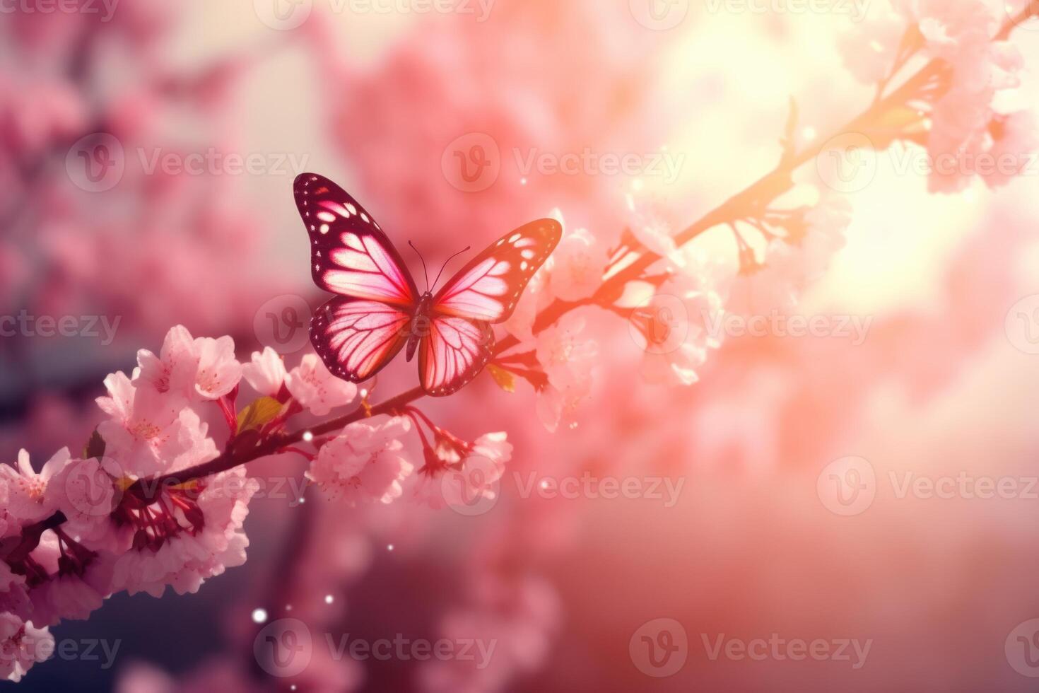 ai generado primavera naturaleza escena con floreciente árbol y mariposa foto