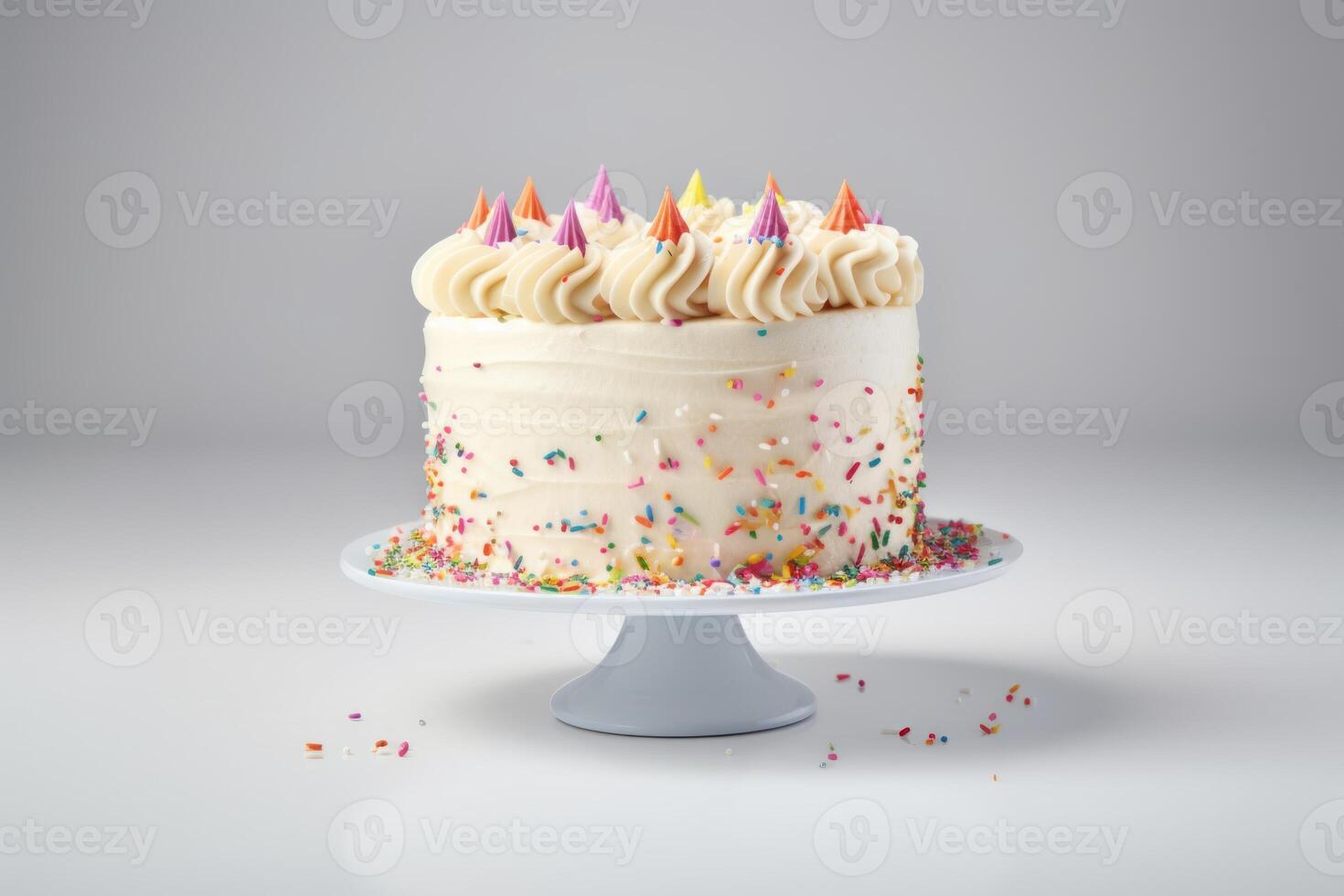 AI generated Colorful vanilla buttercream Birthday cake on neutral background. photo