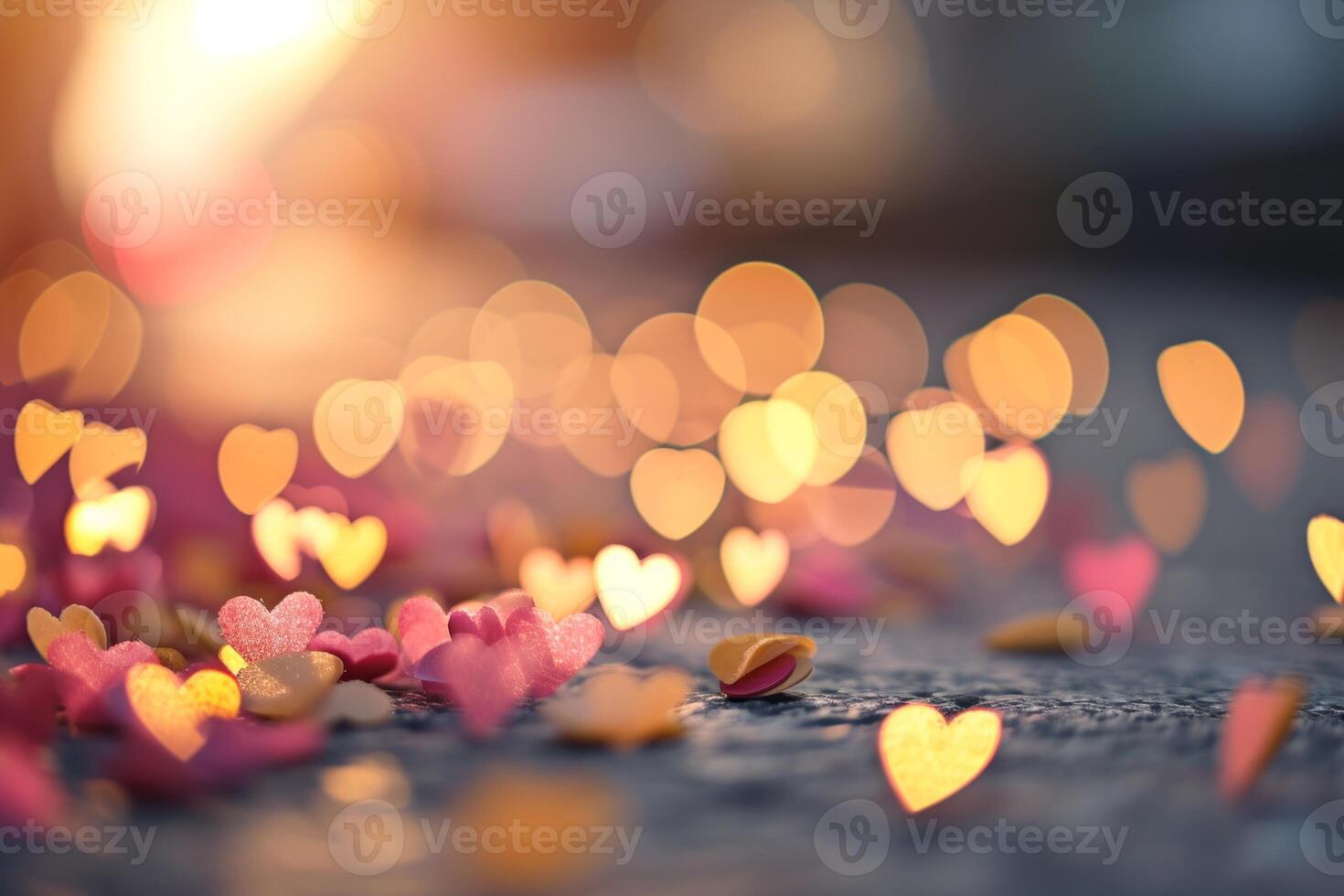 AI generated Valentine mockup with heart-shaped bokeh on grey backdrop. photo