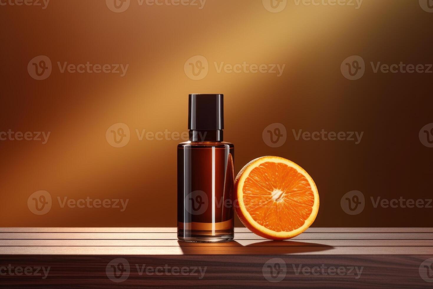 AI generated Vitamin C beauty product with dark glass bottle and orange slice. photo