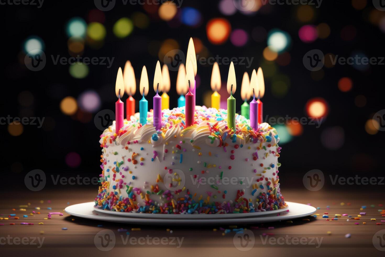 Colorful birthday cake with 21 candles and sprinkles photo