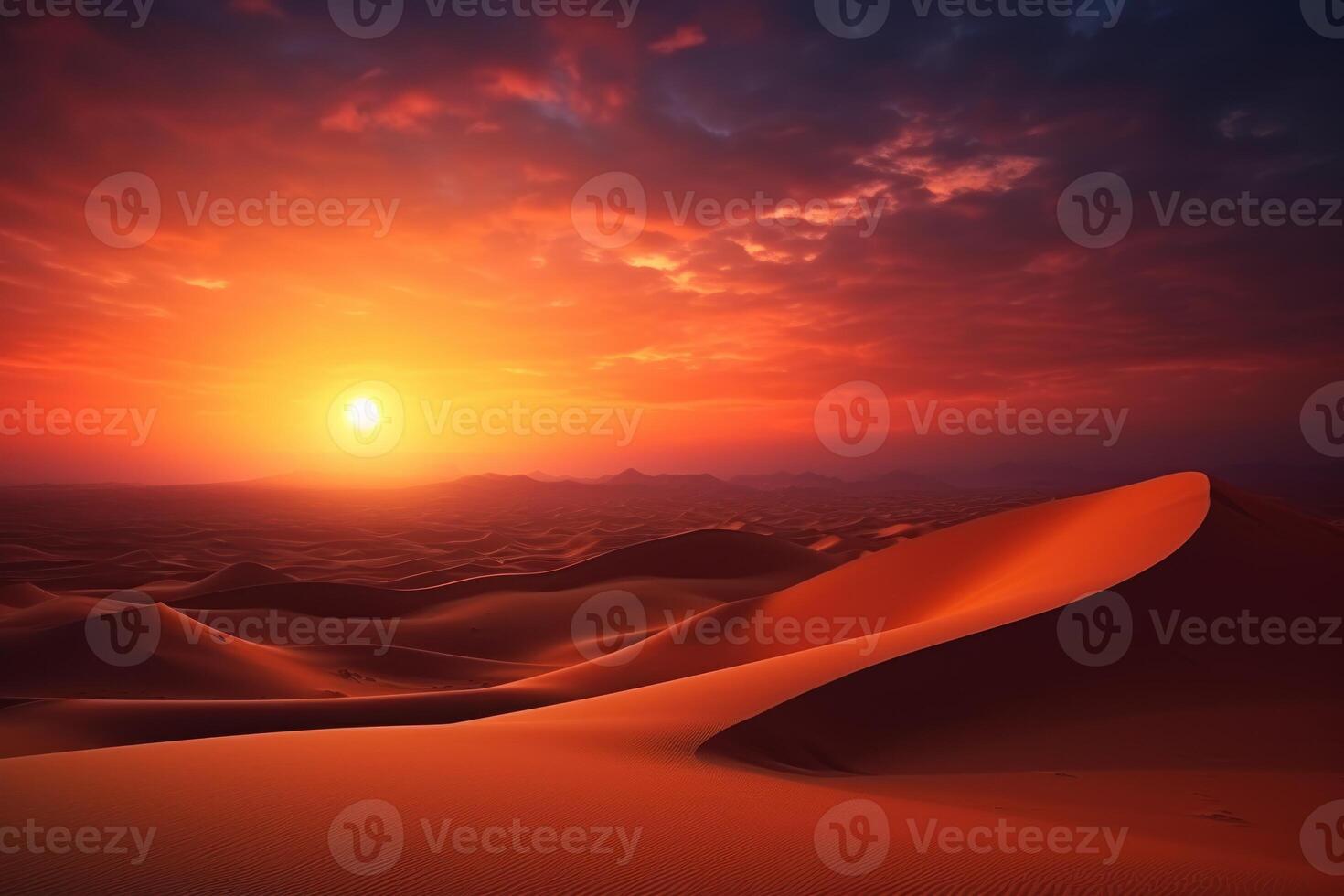 AI generated Sunset over the sand dunes Sahara Desert Morocco Africa photo