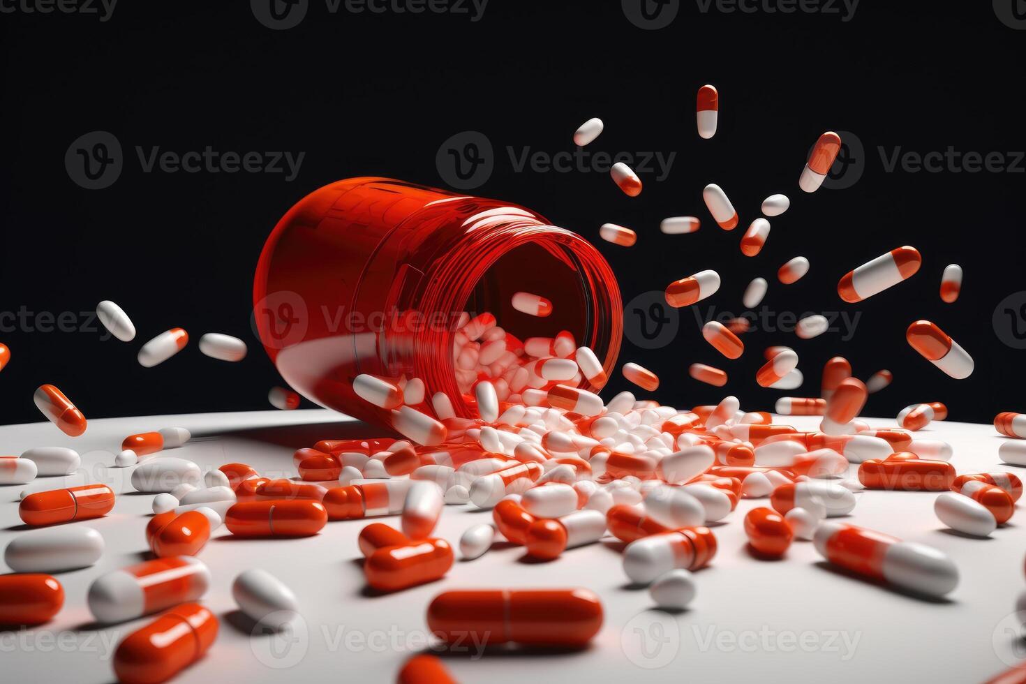 AI generated Spilled white pills from red pill bottle. photo