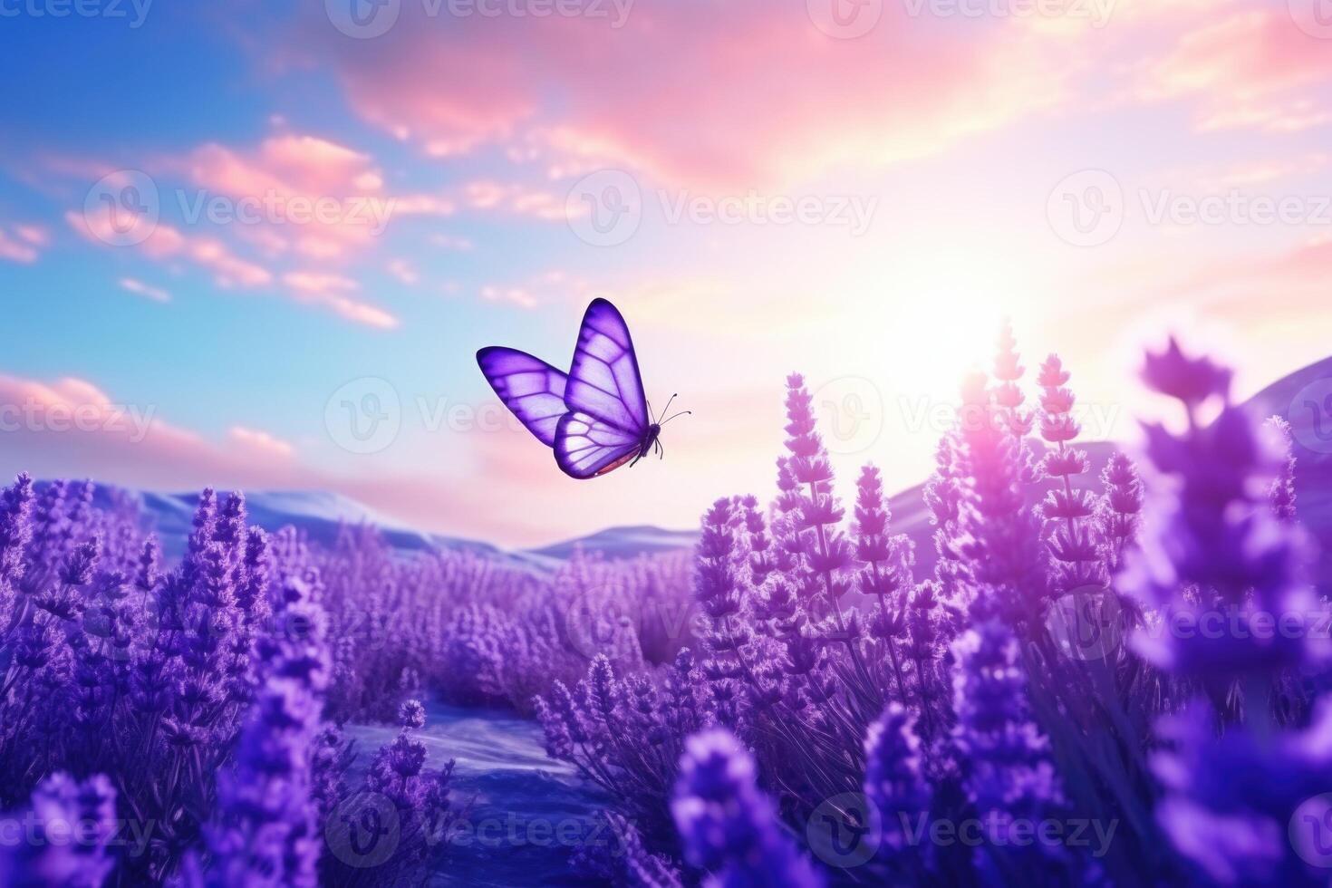 AI generated Lavender flowers and butterfly in summer morning photo