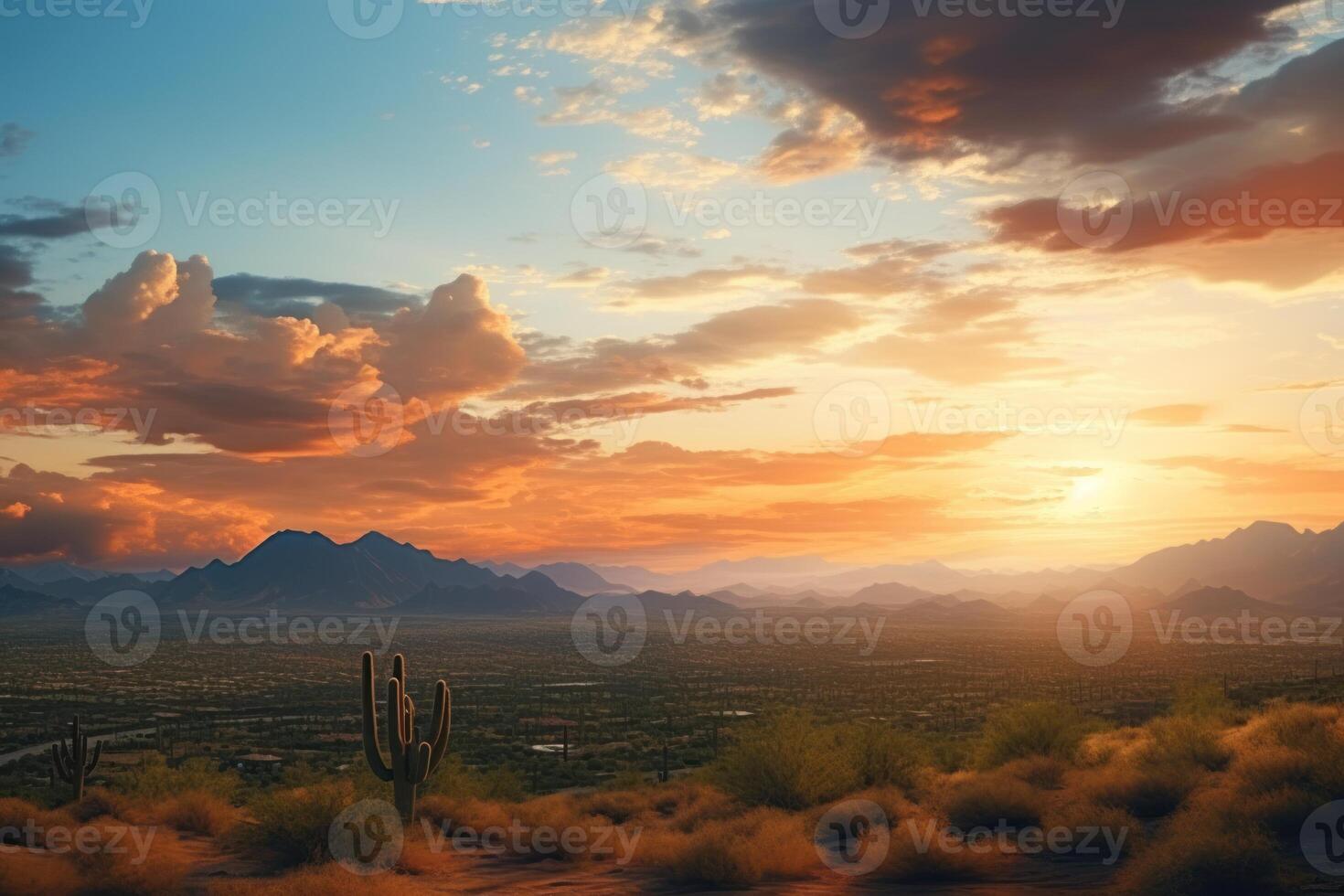 AI generated Panorama of The McDowell Sonoran Preserve overlooking Scottsdale AZ during beautiful sunset photo