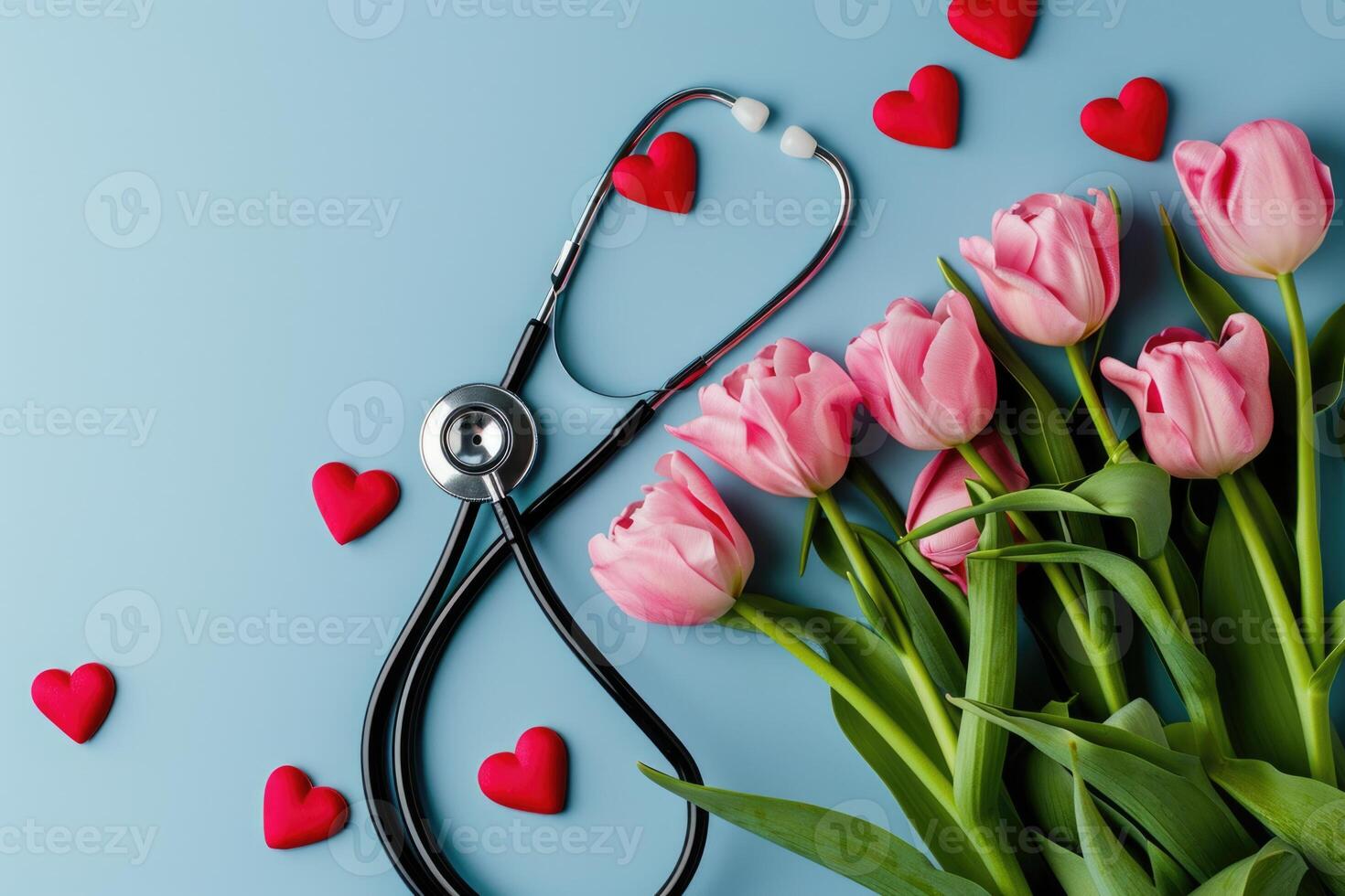 AI generated Greeting card for doctor with pink tulips and stethoscope. photo
