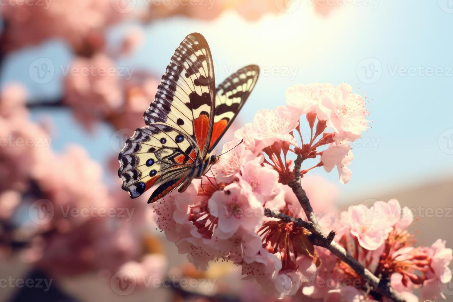 AI generated Spring vintage butterfly and cherry tree flower photo