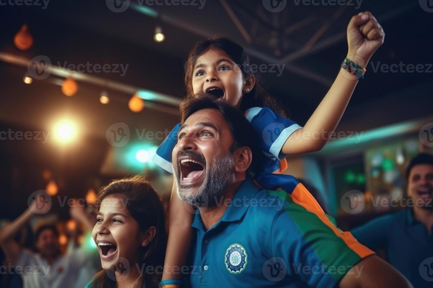 ai generado emocionado padre celebra indios Grillo ganar con hija. foto