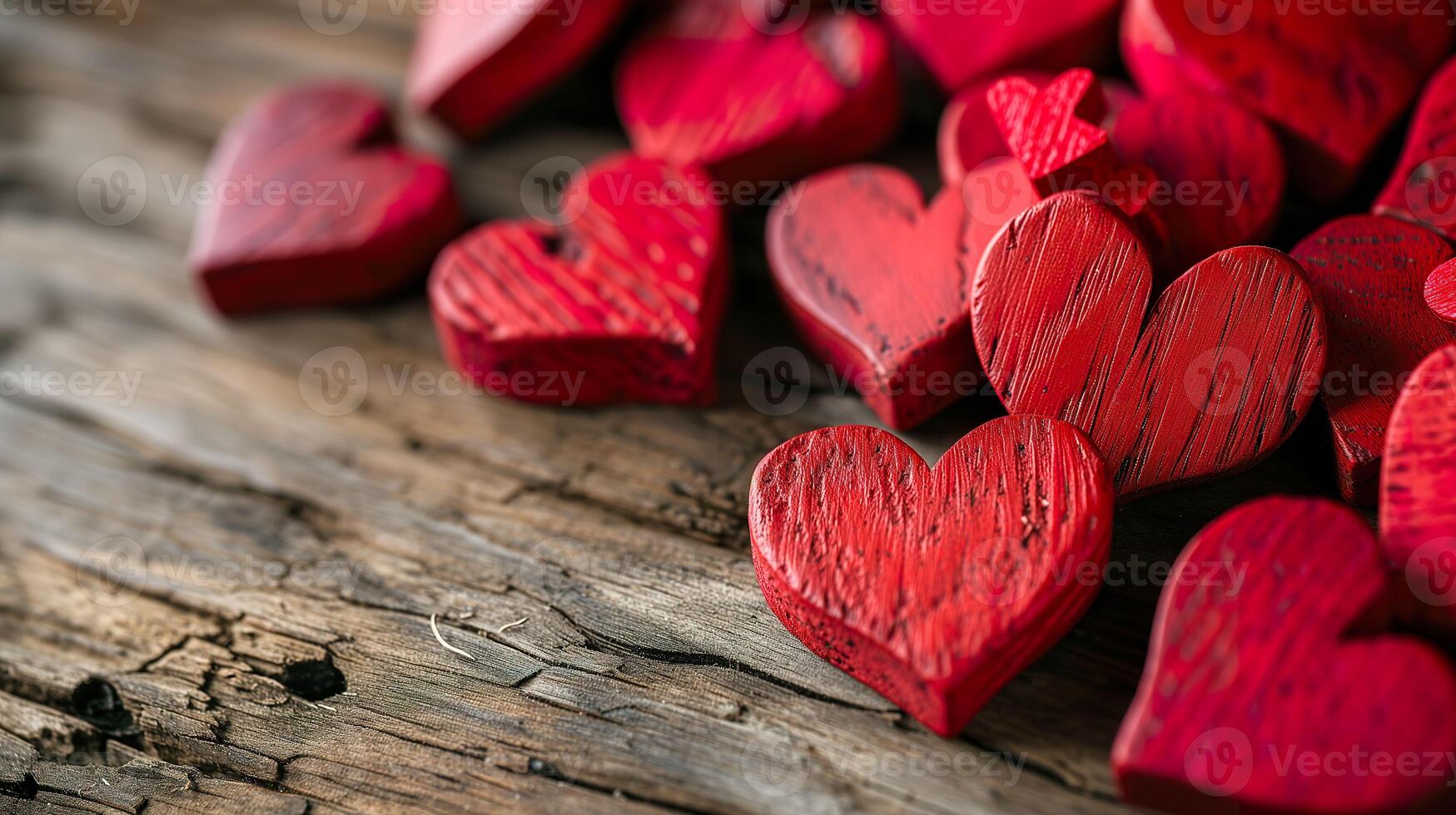 AI generated Valentine Day background with red wooden hearts on wood table photo