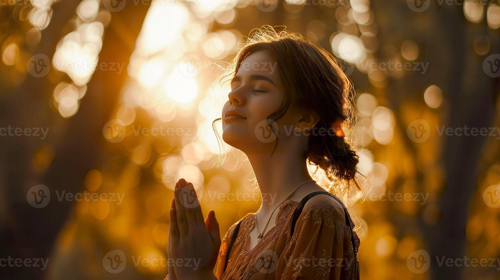 AI generated Serene Outdoor Meditation, Young Woman Praying Amidst Nature photo